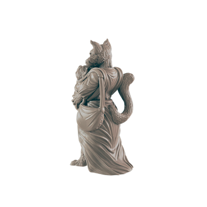 A fox-like humanoid figure stands, draped in robes, and holds a child wrapped in what appears to be fur. The background is solid black.