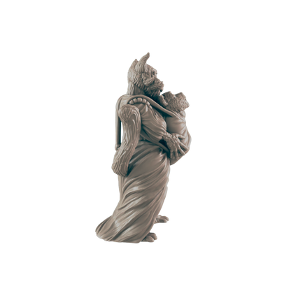 A sculpted figure of a large, cloaked creature carries a smaller creature; the pair stand against a black background.