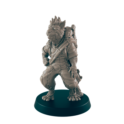 A furry, anthropomorphic figure stands on a dark circular base, posed with one hand on its hip. It wears adventure clothing and appears to have gear strapped to its back.