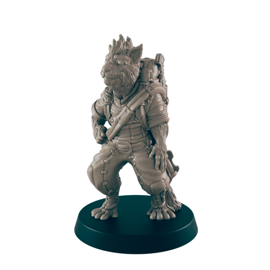 A furry, anthropomorphic figure stands on a dark circular base, posed with one hand on its hip. It wears adventure clothing and appears to have gear strapped to its back.