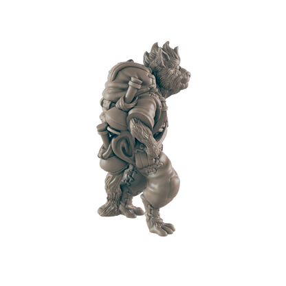 A furry, bipedal creature wearing a backpack stands. The figure, rendered in grayscale, appears on a black background.