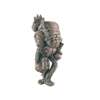A raccoon-like figurine stands, heavily burdened by a large backpack and various pouches, suggesting a journey.