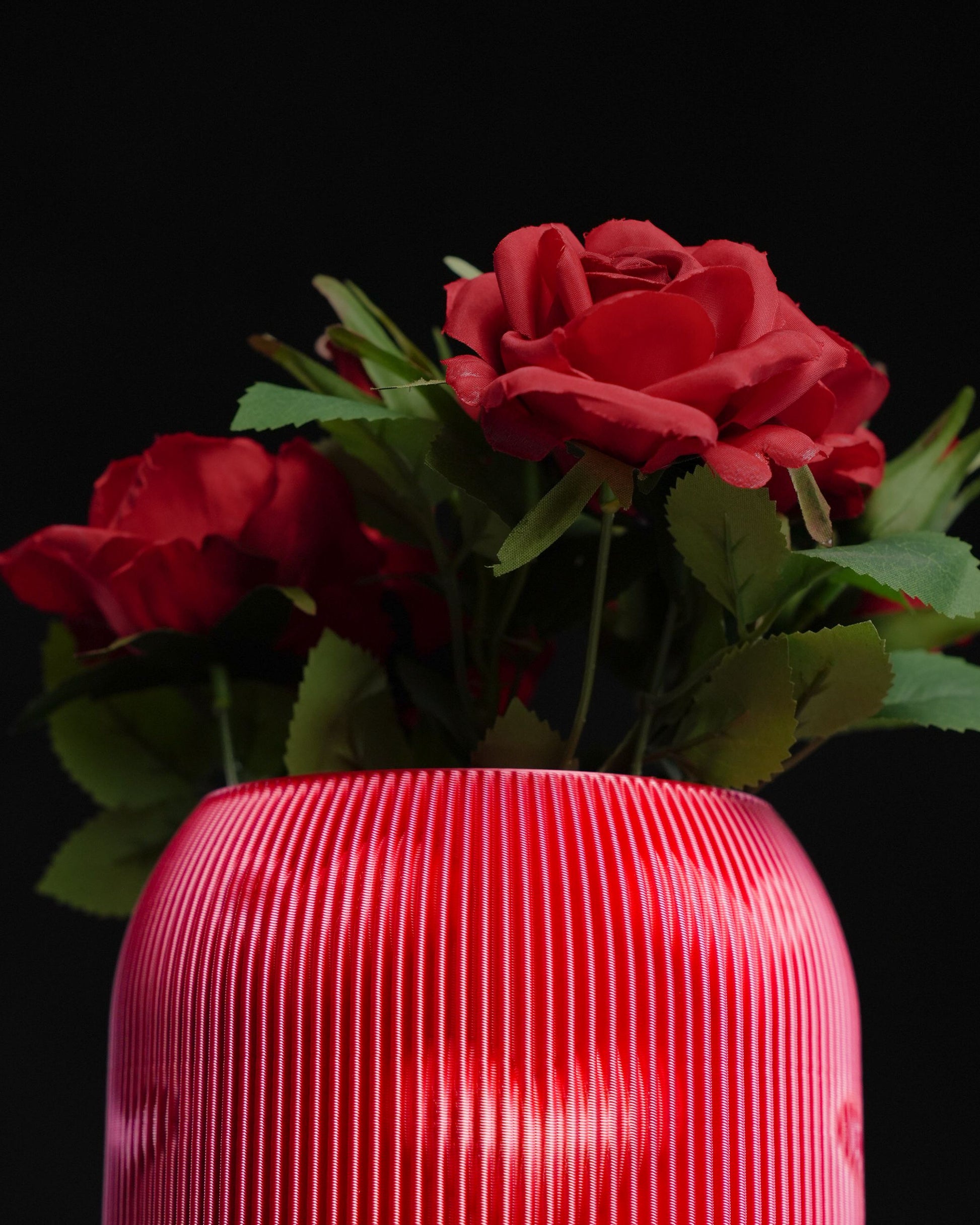 Roses reside in a red, vertically lined vase, centered against a stark black backdrop.