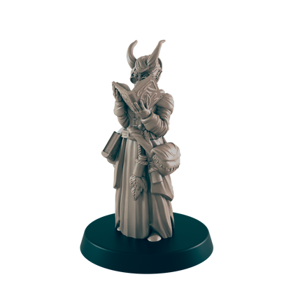 The horned tiefling miniature stands on a dark blue base, reading a book. She wears a robe, satchel, and belt with leaves, with the dark background.