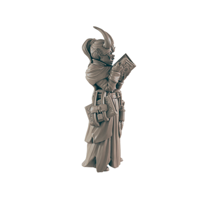 A grey horned mage wearing glasses reads from a book. She wears a robe and belt pouches, standing in a black void.
