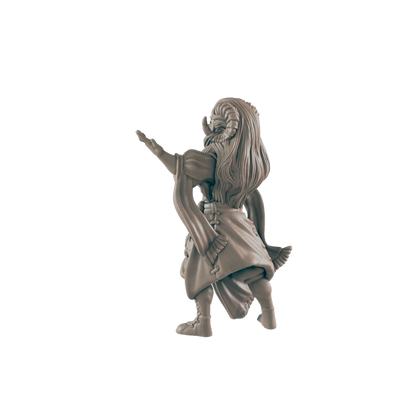 A grey-clay figure stands with its arm outstretched, palm open, facing away from the viewer. It has horns and long hair, and wears a robe-like garment, against a black background.