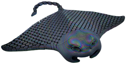 A stingray-shaped figure, patterned with scale-like ovals, seems to fly in a dark or void-like setting. The stingray's head area has iridescent, swirling colors.