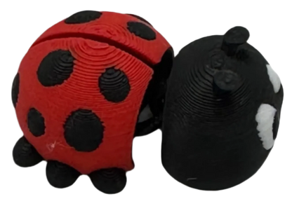 Two plastic ladybugs, one red with black spots and one black with white spots, rest beside each other against a black background.