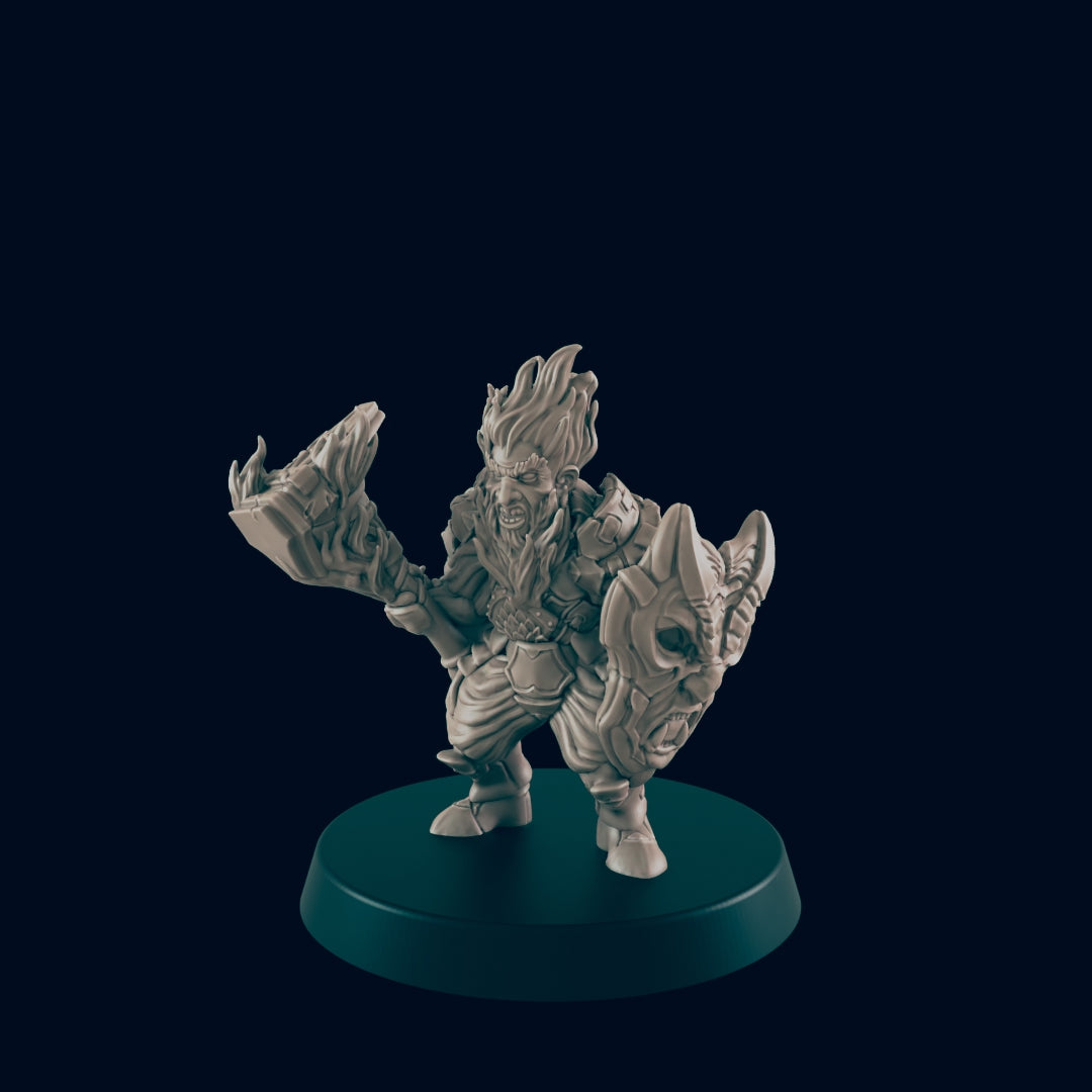 A gray dwarf figurine stands, posed as if ready to battle, with a shield and a hammer on a dark green circular base against a black background.
