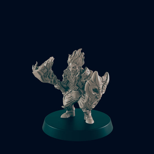 A gray dwarf figurine stands, posed as if ready to battle, with a shield and a hammer on a dark green circular base against a black background.