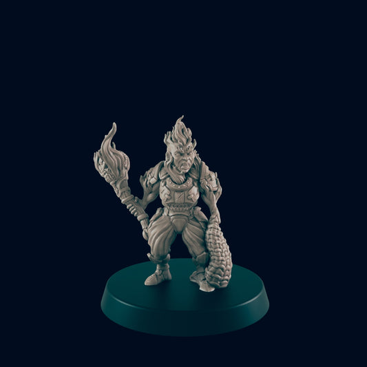 A muscular humanoid figure stands holding a torch in its left hand and a pinecone in its right hand, all on a green base, against a dark blue background.