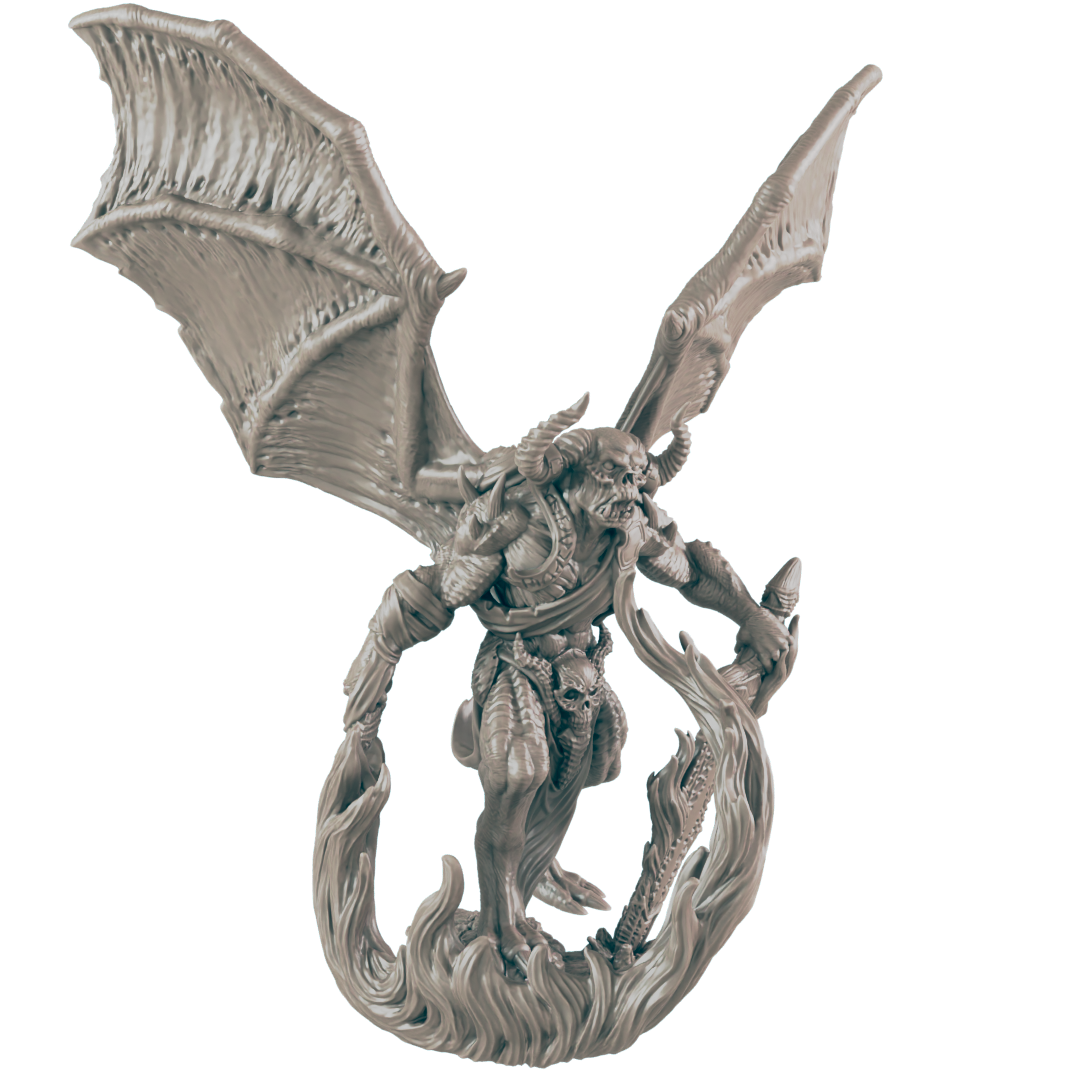 A monstrous, gray, winged figure strides forward with arms outstretched. Flames wrap around its legs, seemingly providing the creature with some manner of support or propulsion.