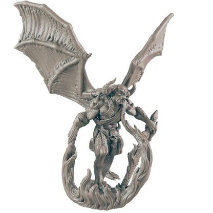 A monstrous, gray, winged figure strides forward with arms outstretched. Flames wrap around its legs, seemingly providing the creature with some manner of support or propulsion.