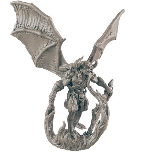 A monstrous, gray, winged figure strides forward with arms outstretched. Flames wrap around its legs, seemingly providing the creature with some manner of support or propulsion.