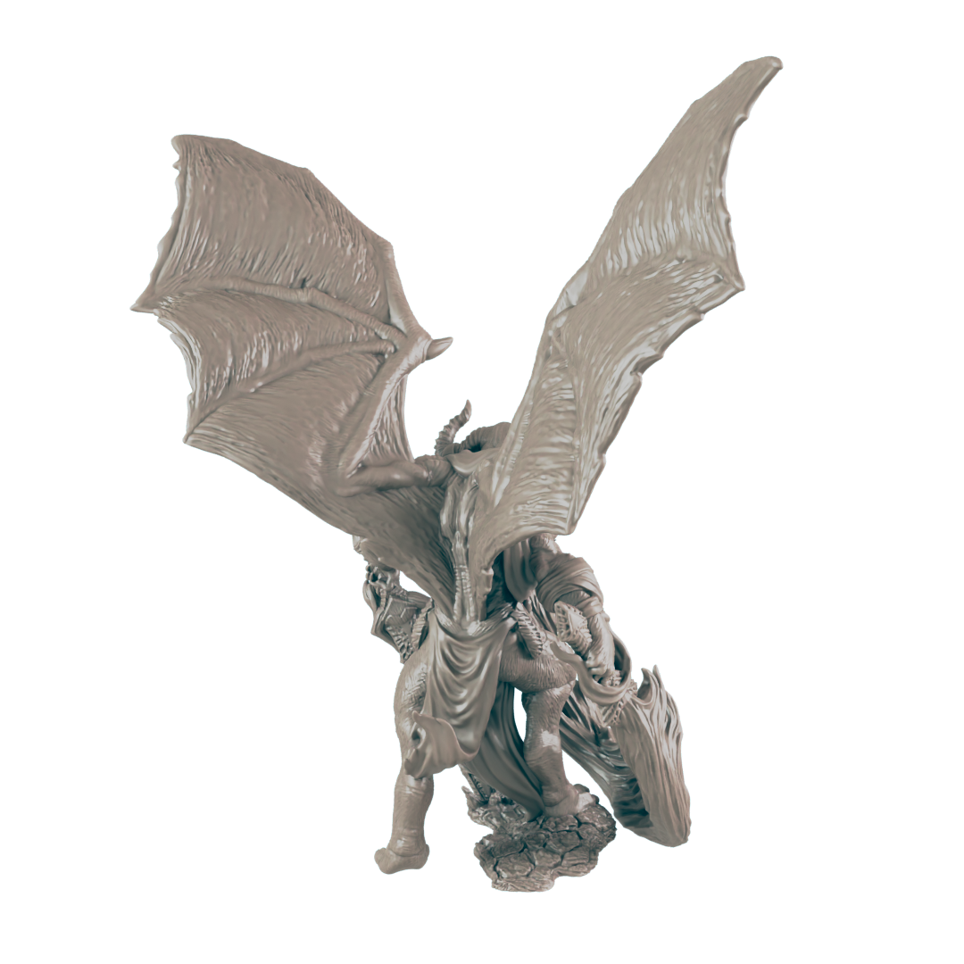 A gray dragon figurine stands on a rocky base with wings spread. It is viewed from the back, showing detail in the wings and scales.