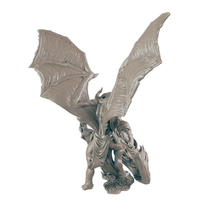 A gray dragon figurine stands on a rocky base with wings spread. It is viewed from the back, showing detail in the wings and scales.