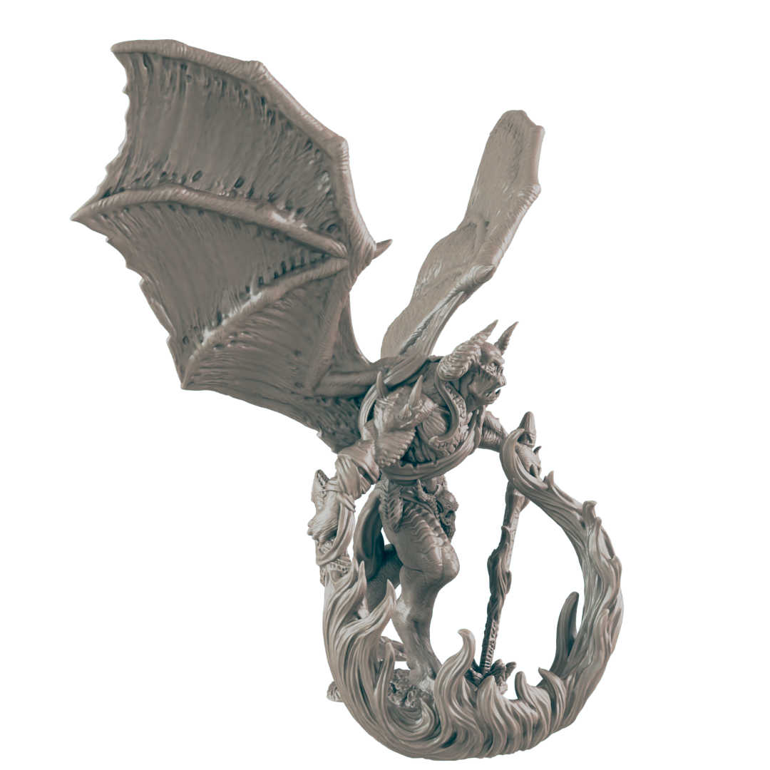 A gray demonic figure, wings outstretched, is depicted in a dynamic pose, seemingly emerging from swirling flames.