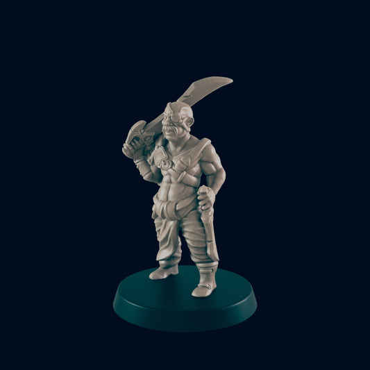 A miniature orc figurine stands on a dark circular base, holding a large sword over its shoulder against a black background.