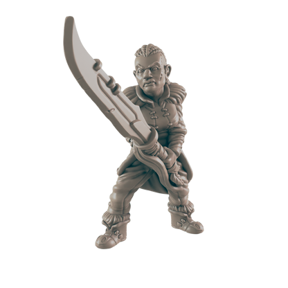 A grey 3D model of a female dwarf stands, holding a huge crescent-shaped sword above her head with two hands, wearing a fur-trimmed tunic, trousers, and boots.