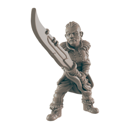 A grey 3D model of a female dwarf stands, holding a huge crescent-shaped sword above her head with two hands, wearing a fur-trimmed tunic, trousers, and boots.