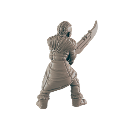 A miniature figurine, appearing female, wields a large sword, standing against a dark background.