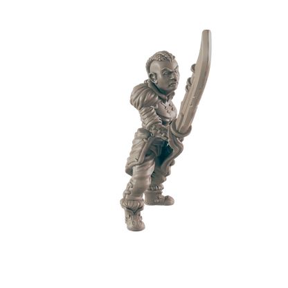 A miniature dwarf figure holds a large sword, standing against a dark background.