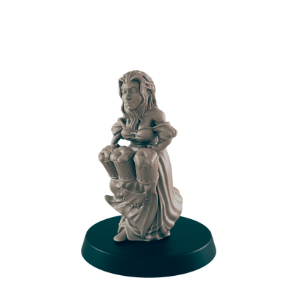 A sculpted female figure carries two large beer steins, standing on a circular base against a dark background.
