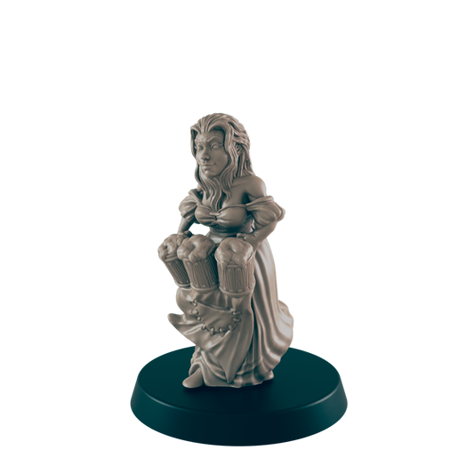 A sculpted female figure carries two large beer steins, standing on a circular base against a dark background.