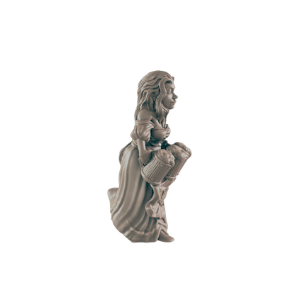 A sculpted female figure carries two beer steins, against a dark background.