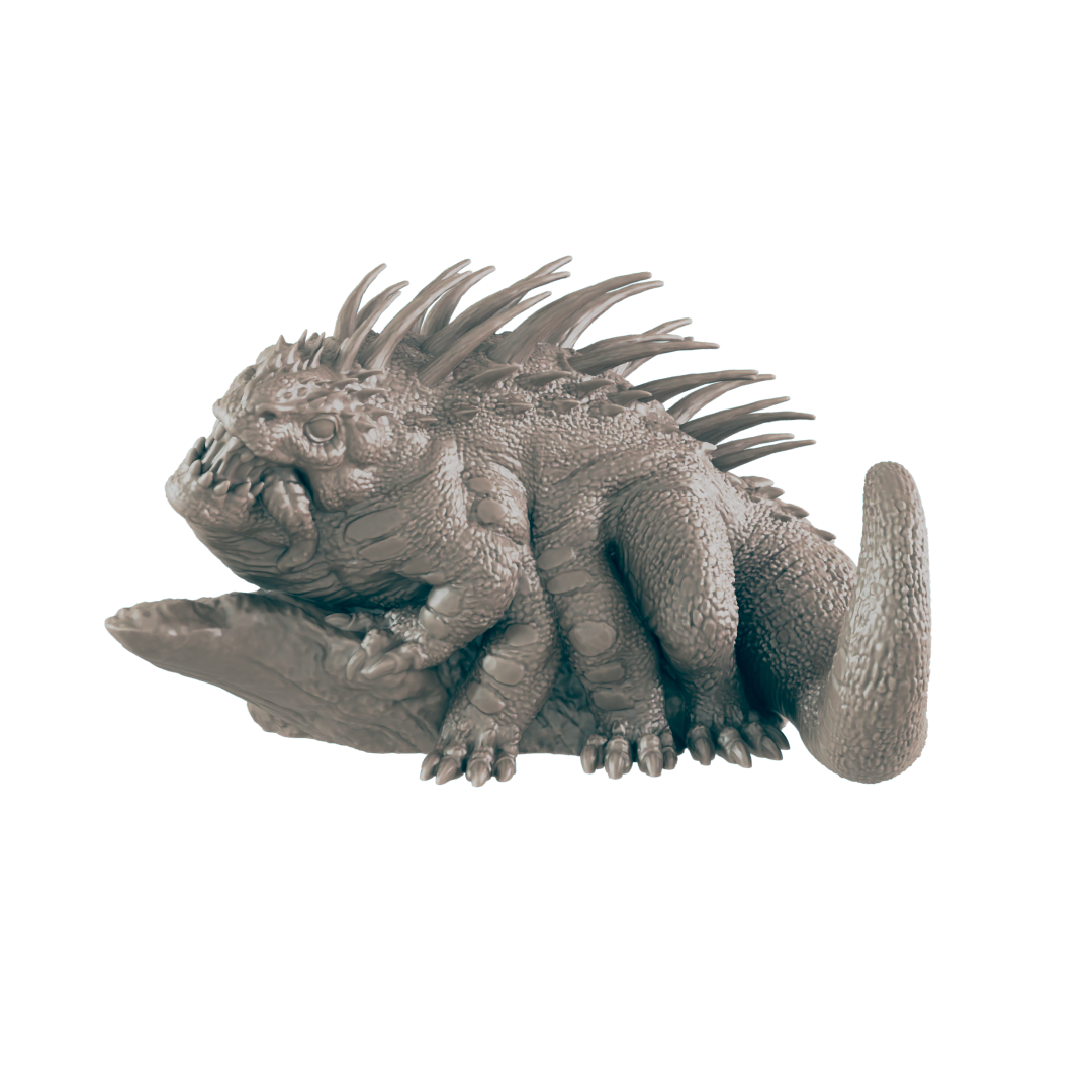 A gray, spiky, and scaly creature with six limbs rests on a small, gray rock. The creature has a short, stubby tail and thick, ridged skin.