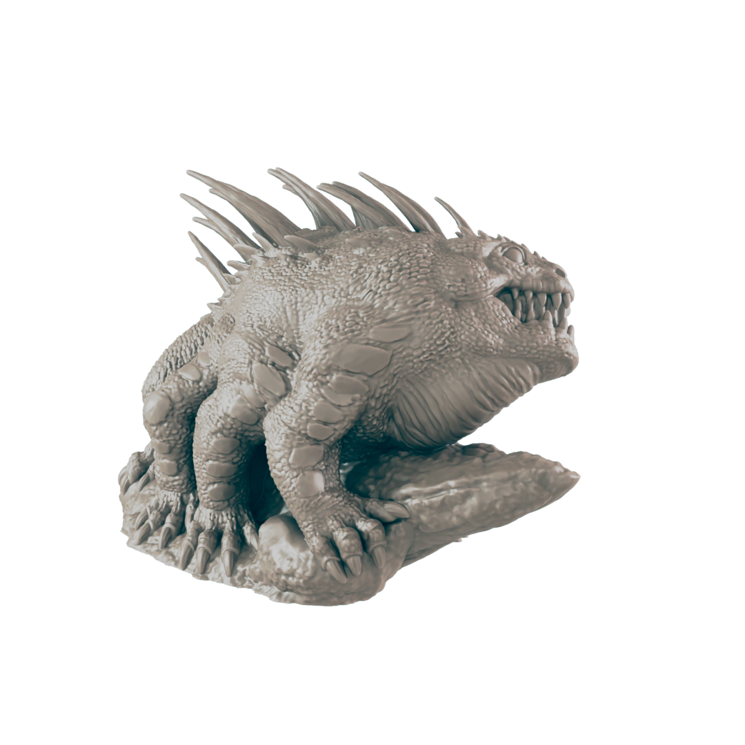 A grey, fantasy, reptile-like monster with spikes on its back stands, poised, on a rock.