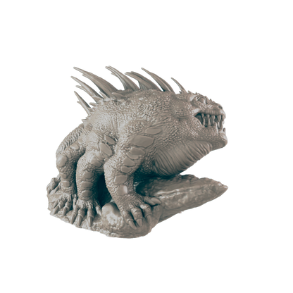 A grey, fantasy, reptile-like monster with spikes on its back stands, poised, on a rock.