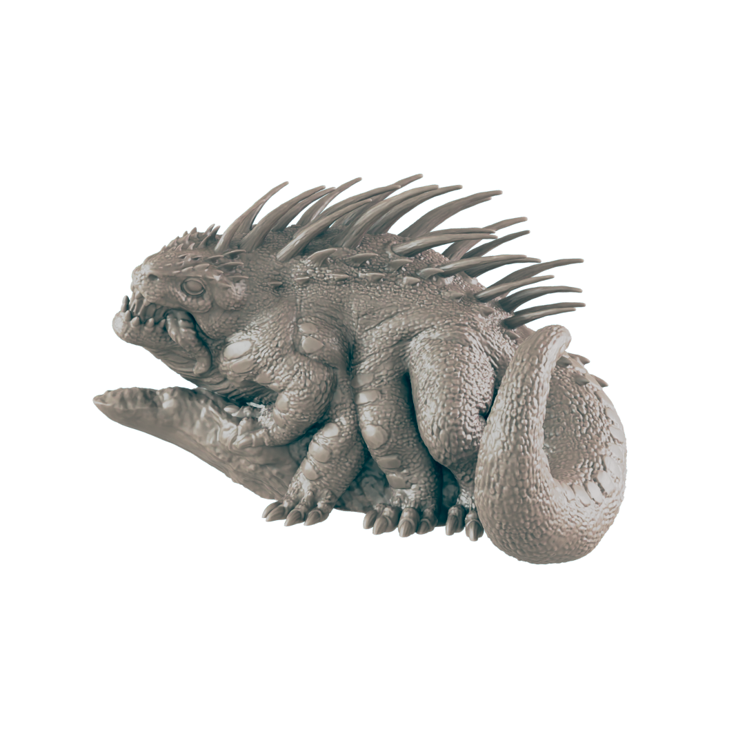 A spiky, reptilian creature rests on a branch against a dark background.