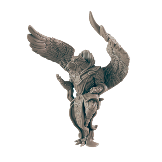 A winged, bird-headed humanoid raises its arms, standing. A featureless background surrounds the figure.