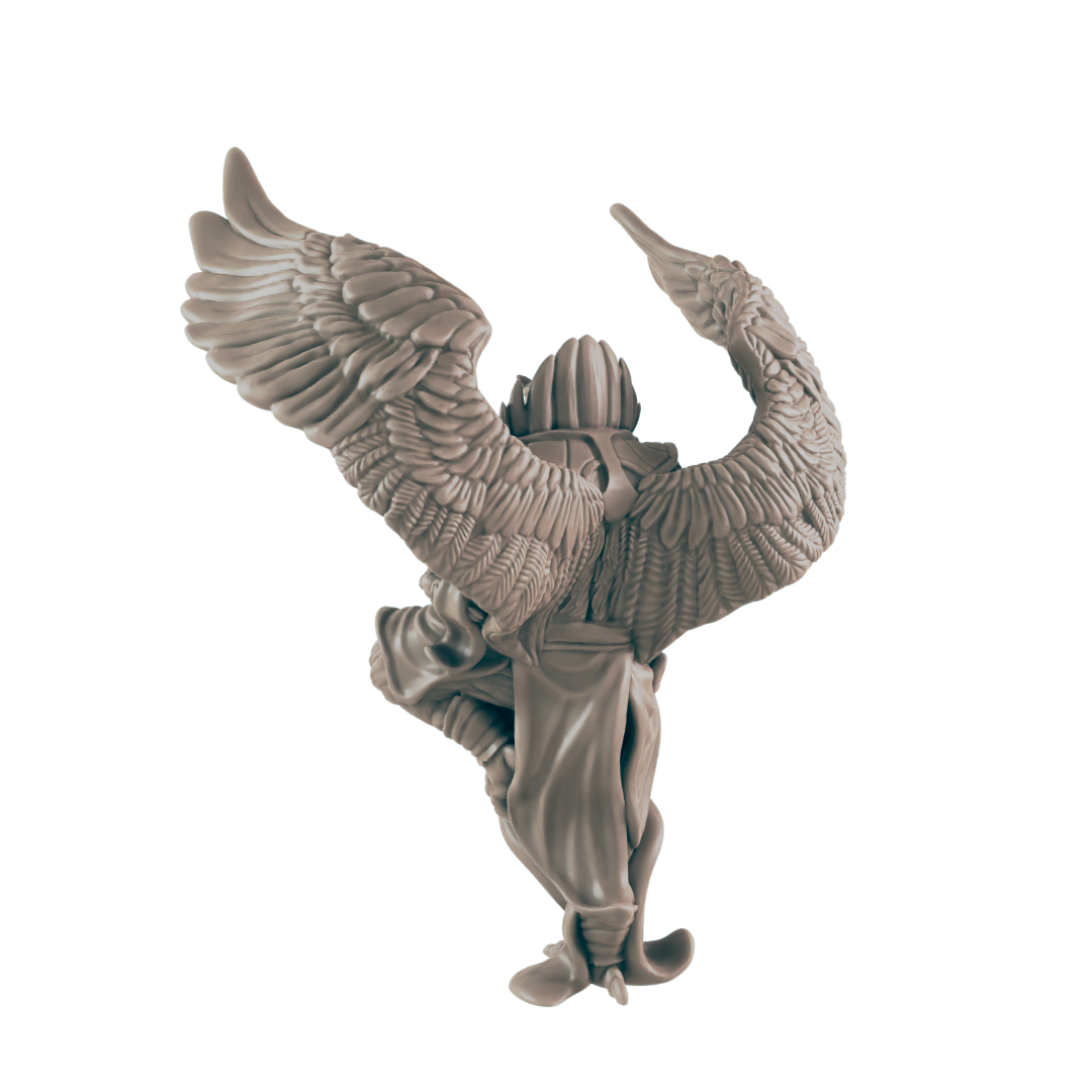 A winged statue stands with its wings partially opened in a dark background. The statue's rear shows an armored head and robed body.