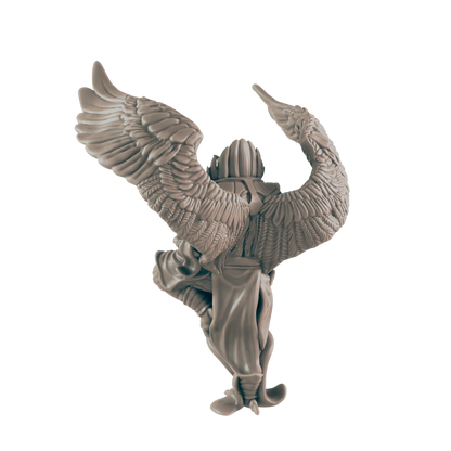 A winged statue stands with its wings partially opened in a dark background. The statue's rear shows an armored head and robed body.