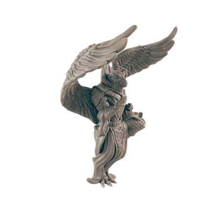 A sculpted avian humanoid figure stands, wings outstretched, against a black background.