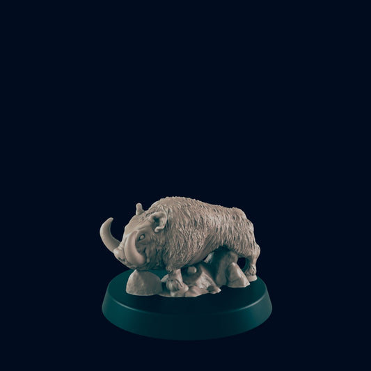 A grey boar miniature stands on a small grey rocky base on a larger, dark green platform, all against a dark blue background.