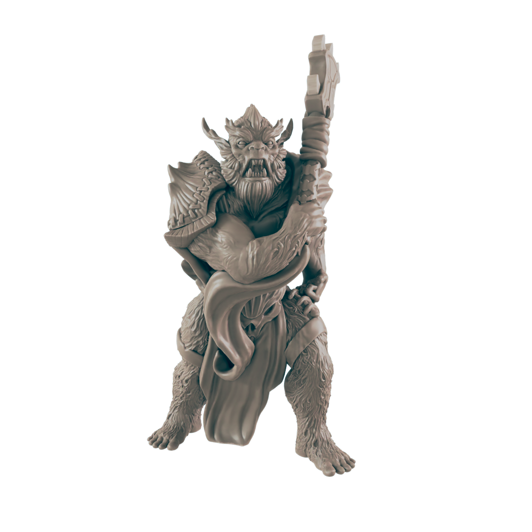 A gray, fur-covered ogre-like miniature stands, clutching a massive axe over its right shoulder, draped in armor and a loincloth, against a stark background.