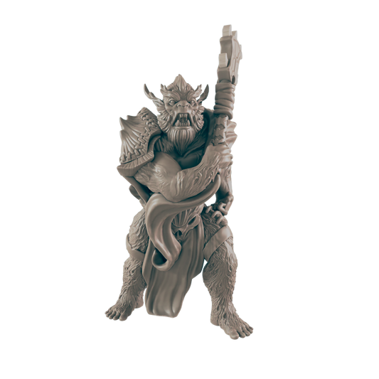 A gray, fur-covered ogre-like miniature stands, clutching a massive axe over its right shoulder, draped in armor and a loincloth, against a stark background.