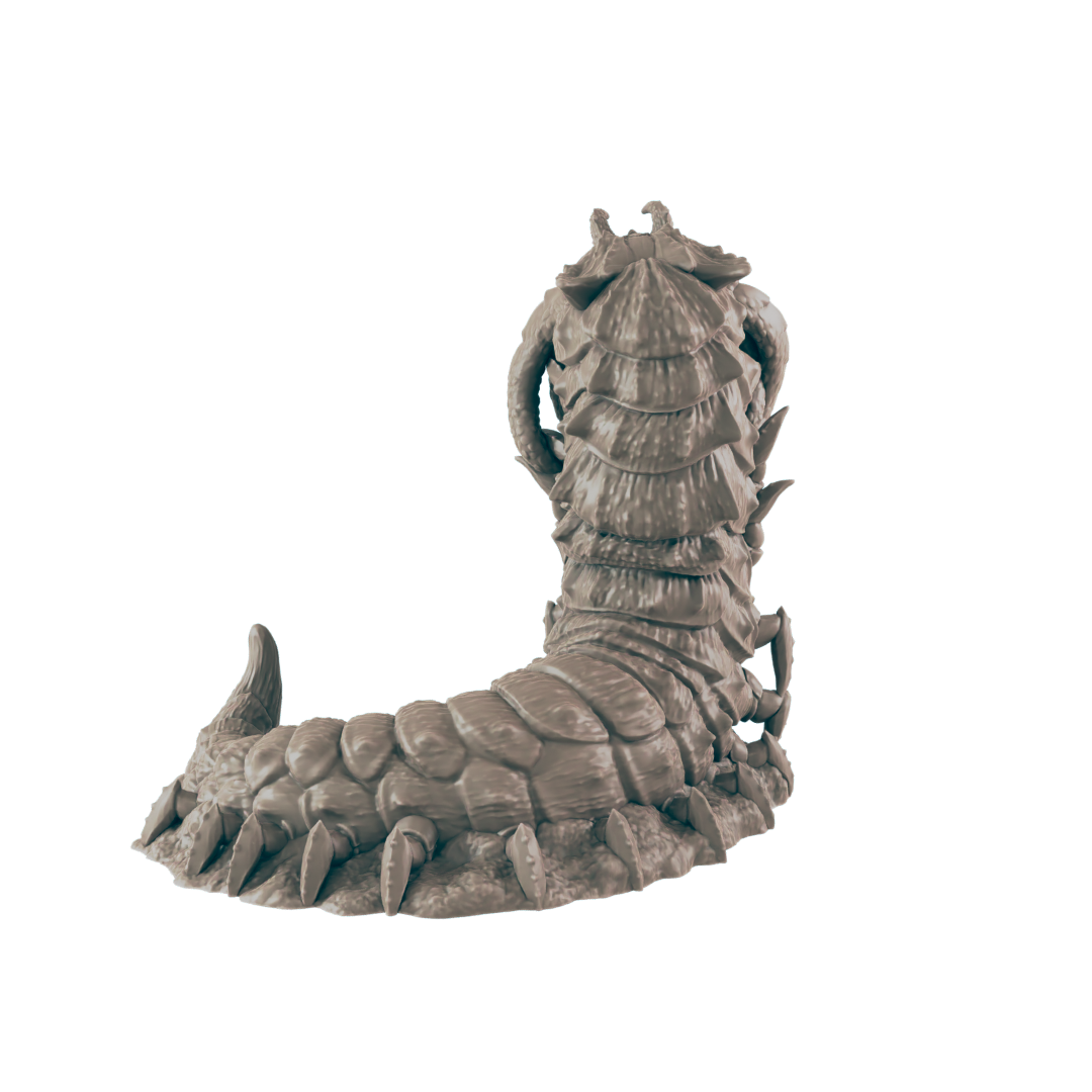 A tan, segmented, armored worm with sharp legs stands upright on dirt, its head towering high, forming an "L" shape.