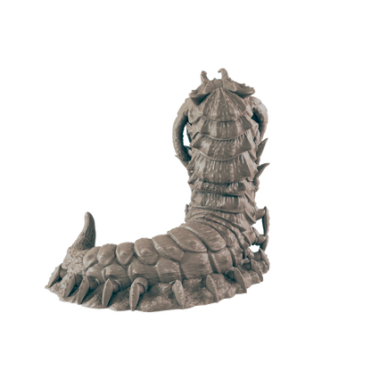 A tan, segmented, armored worm with sharp legs stands upright on dirt, its head towering high, forming an "L" shape.