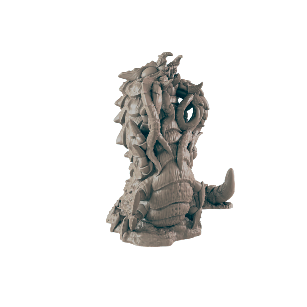 A model of a creature with an insect-like body and tentacles at its head sits in a dark space.