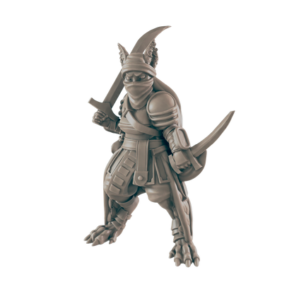 A humanoid jackal warrior stands, holding a sword and a scimitar. Dressed in armor and a mask, the warrior stands on a white background.