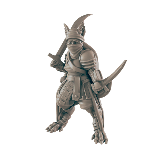 A humanoid jackal warrior stands, holding a sword and a scimitar. Dressed in armor and a mask, the warrior stands on a white background.