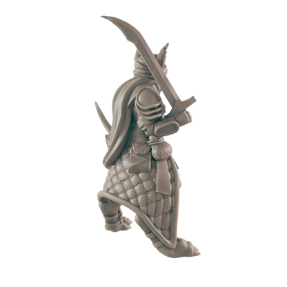 A warrior clad in scale armor raises a curved sword on a black background, his cape flowing behind him and a pouch hangs at his waist.