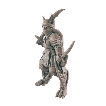 A rabbit-like humanoid figure in armor is depicted holding a sword in its right hand. The background is a solid, dark color.