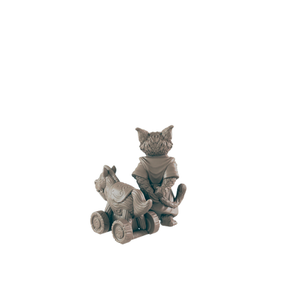 A cat figurine sits behind a rocking horse toy with wheels. The background is black.