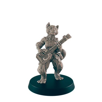 A tan-colored, humanoid feline figurine plays a stringed instrument. The miniature stands on a black, circular base, and the background is black.