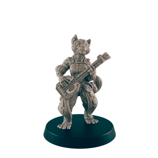 A tan-colored, humanoid feline figurine plays a stringed instrument. The miniature stands on a black, circular base, and the background is black.